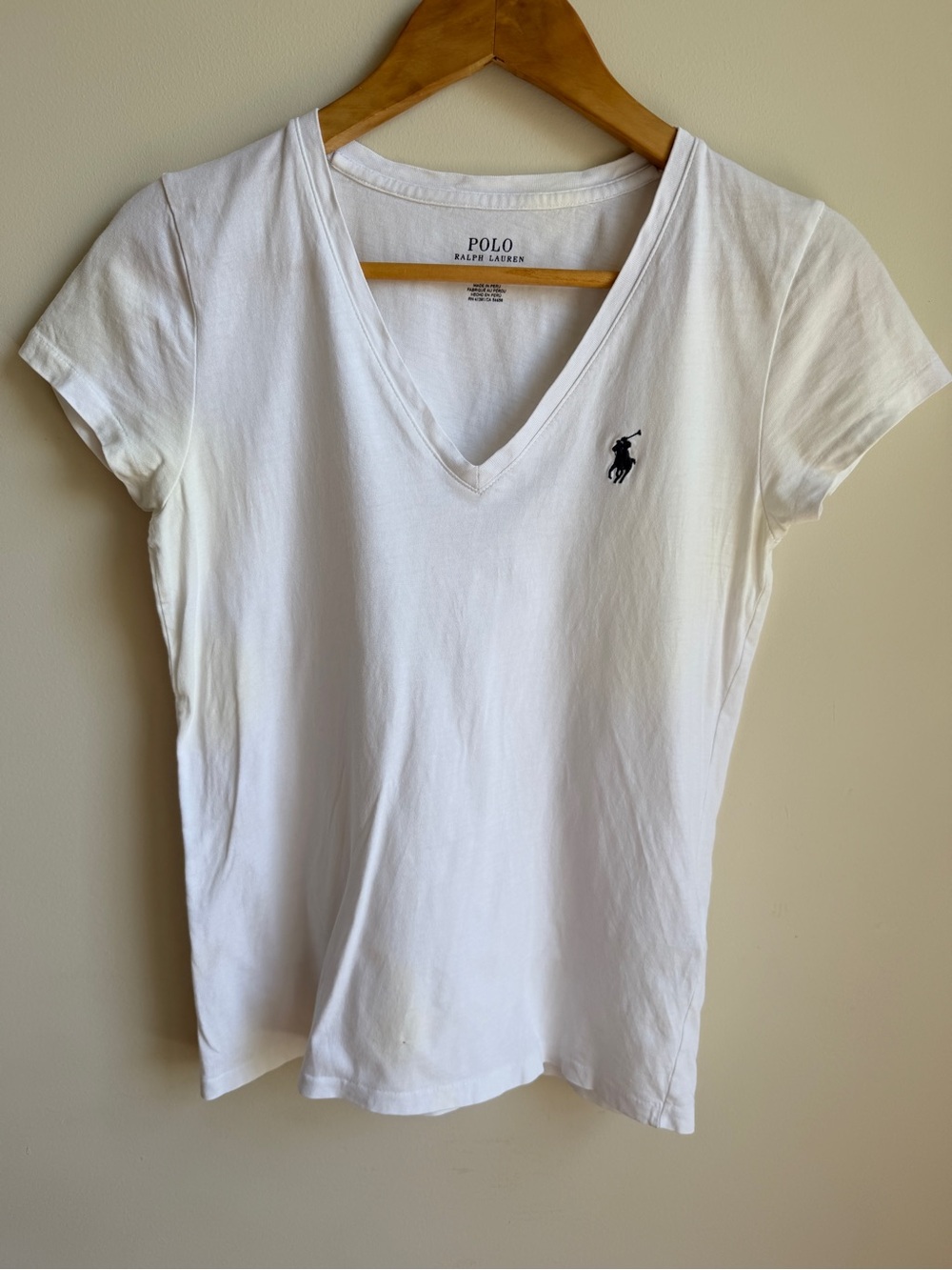 4/$20 Polo Ralph Lauren V-Neck Short Sleeve T-Shirt White Navy Pony XS READ